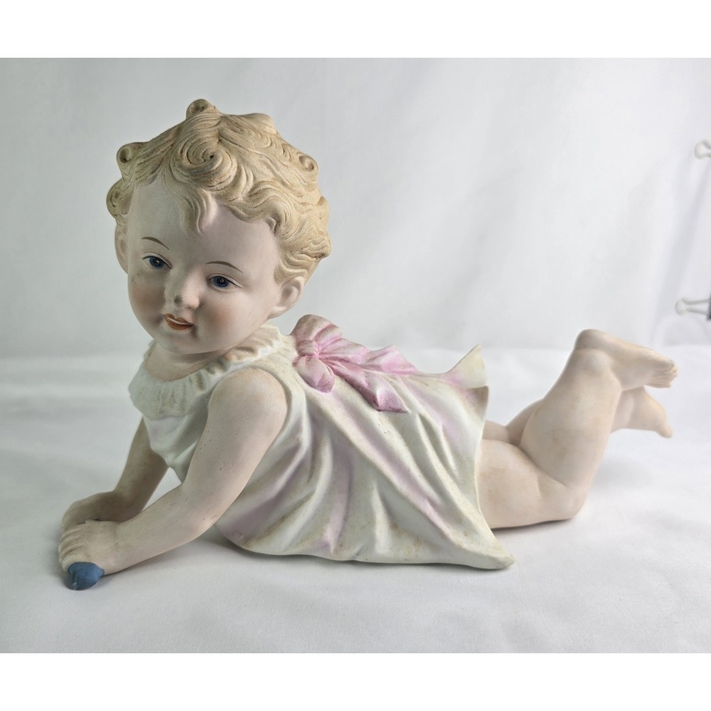 Vintage Andrea by Sadek Bisque Porcelain Piano Baby Figurine Crawling Pink Bow